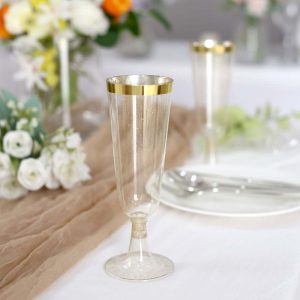 12-Pack Plastic Champagne Flutes 6oz Clear Gold Glittered with Gold Rim - Disposable Toasting Glasses with Detachable Base 6" - Pack of 12 Cups